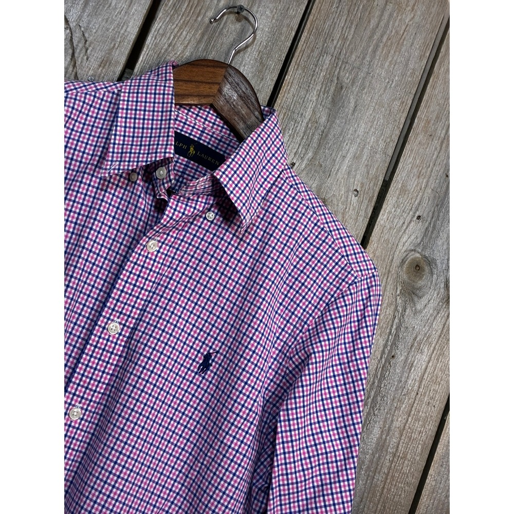 Ralph Lauren Mens Small Pink Blue Gingham Check Button Down Shirt Long Sleeve